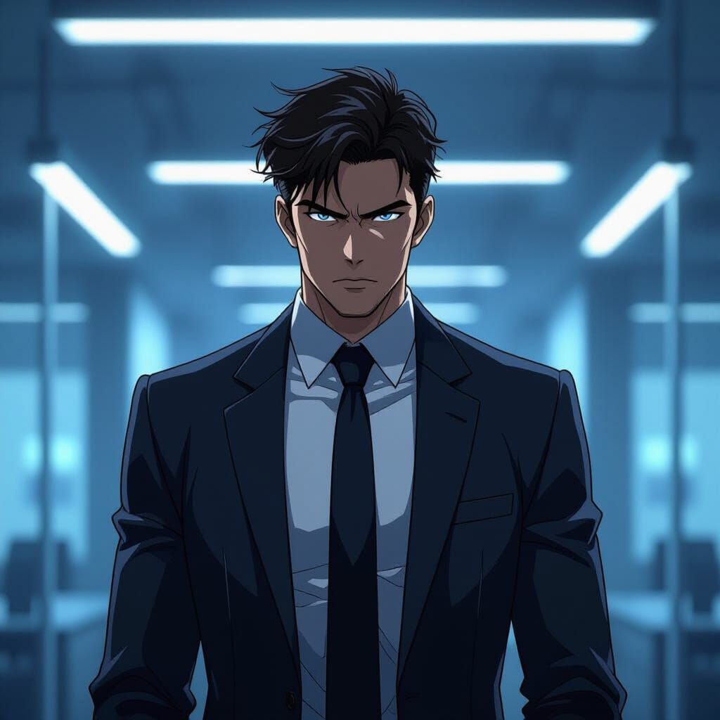 Anime Male in Neon Cityscape, Rugged Beauty