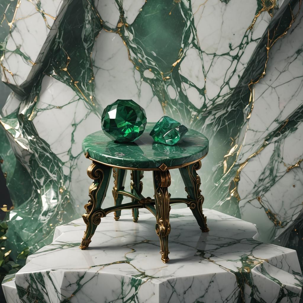 Green Gem on Marble Pedestal in Detailed Digital Art