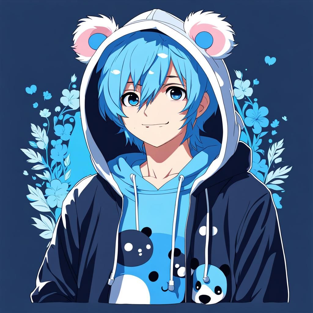 Cute Blue-Haired Boy in Anime Panda Hoodie