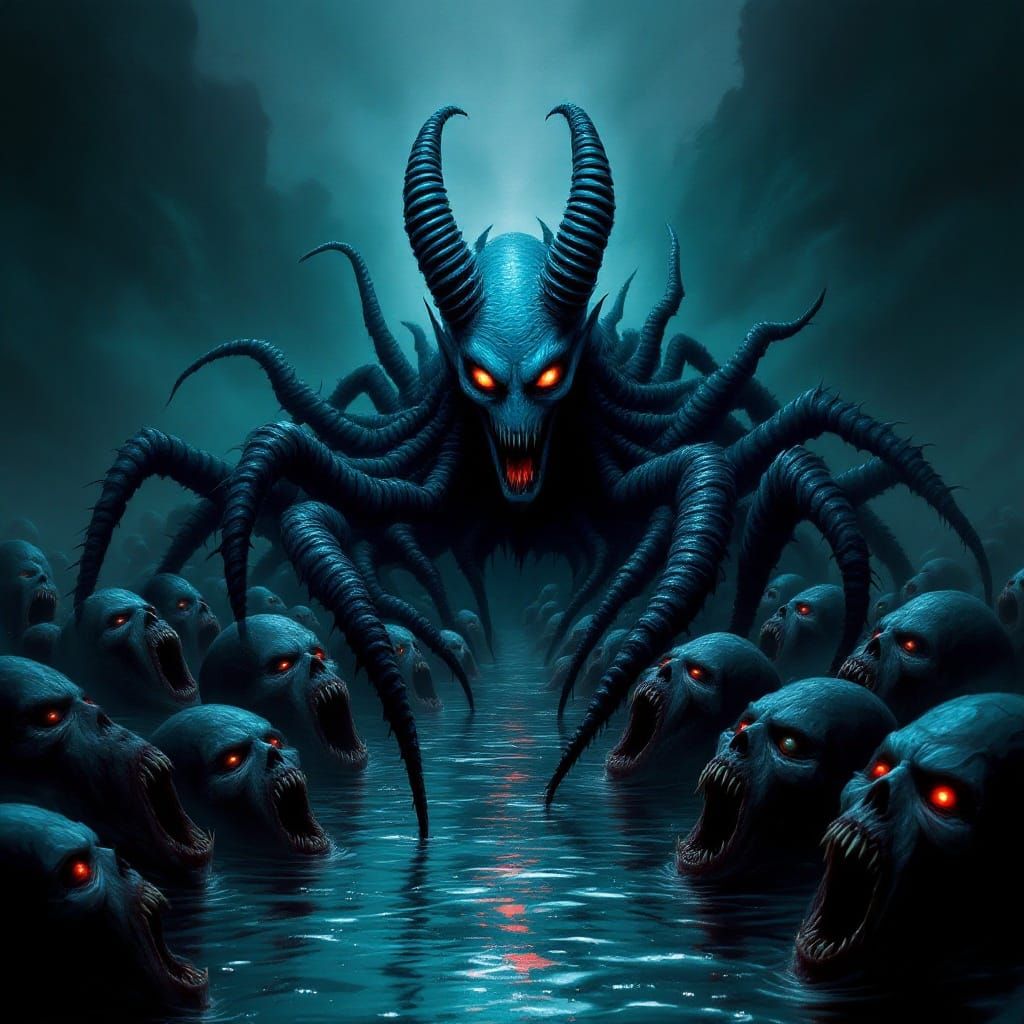 Ethereal Horror Creature in Dark River of Screaming Faces