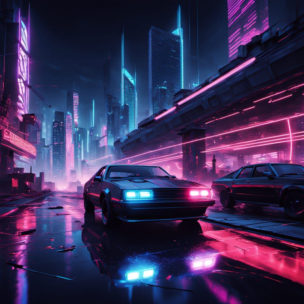 Cyberpunk Knight Rider Car in Neon-Lit Cityscape