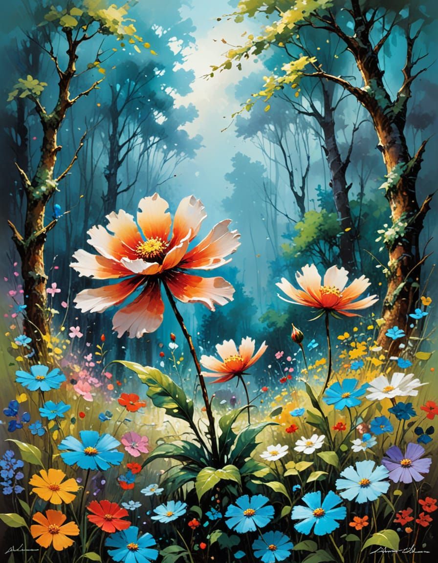 Enchanted Flower in Magical Forest, Abstract Art Style