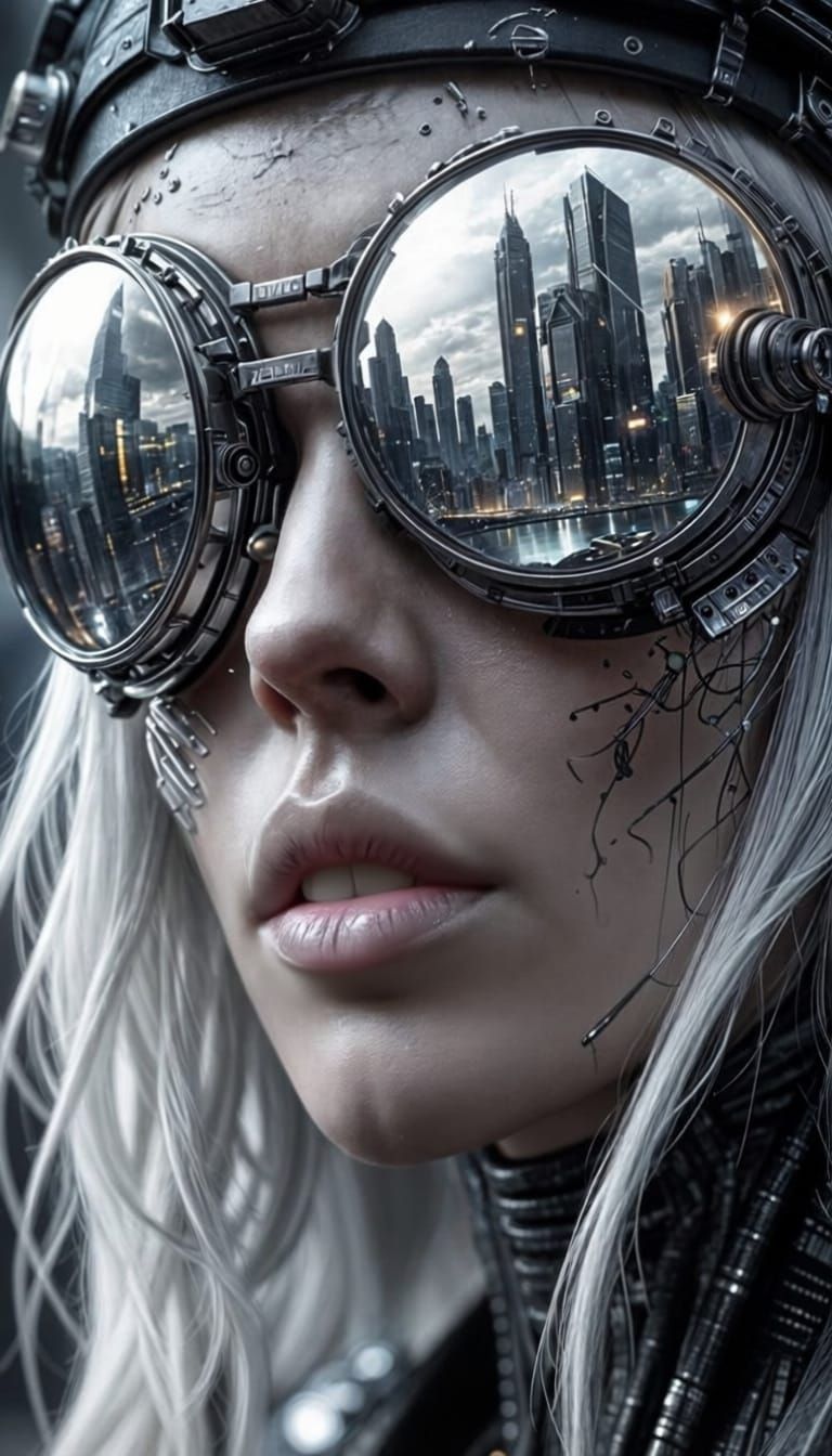 Cyberpunk Woman Portrait in Silver and Graphite