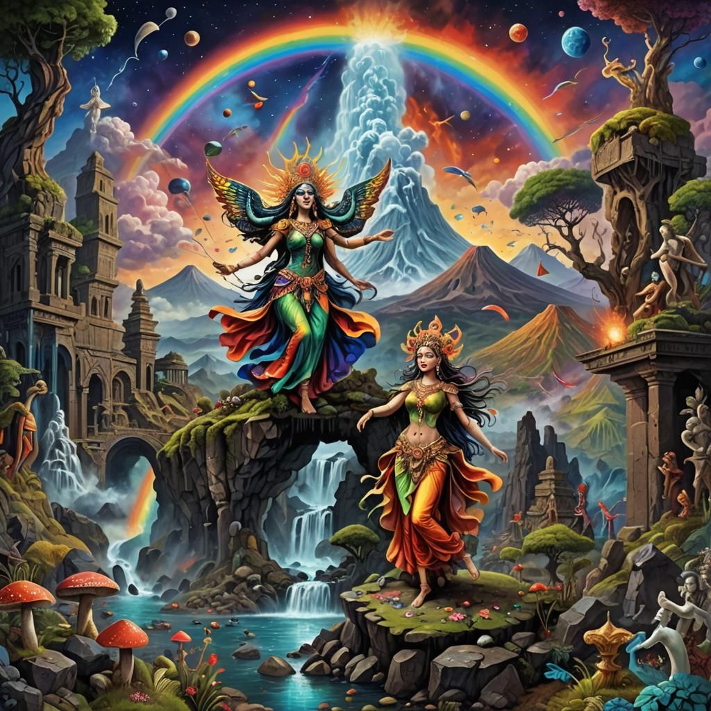 Psychedelic Apocalypse: Kali's Dance in Surreal Landscape