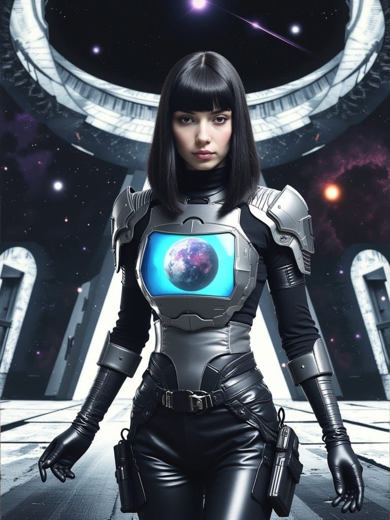 Heroic Space Explorer in Neon-Lit Corridor