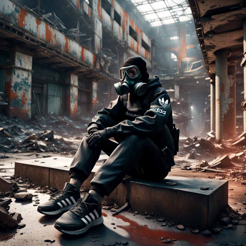 Soldier in Gas Mask Sits Before Decayed Mall