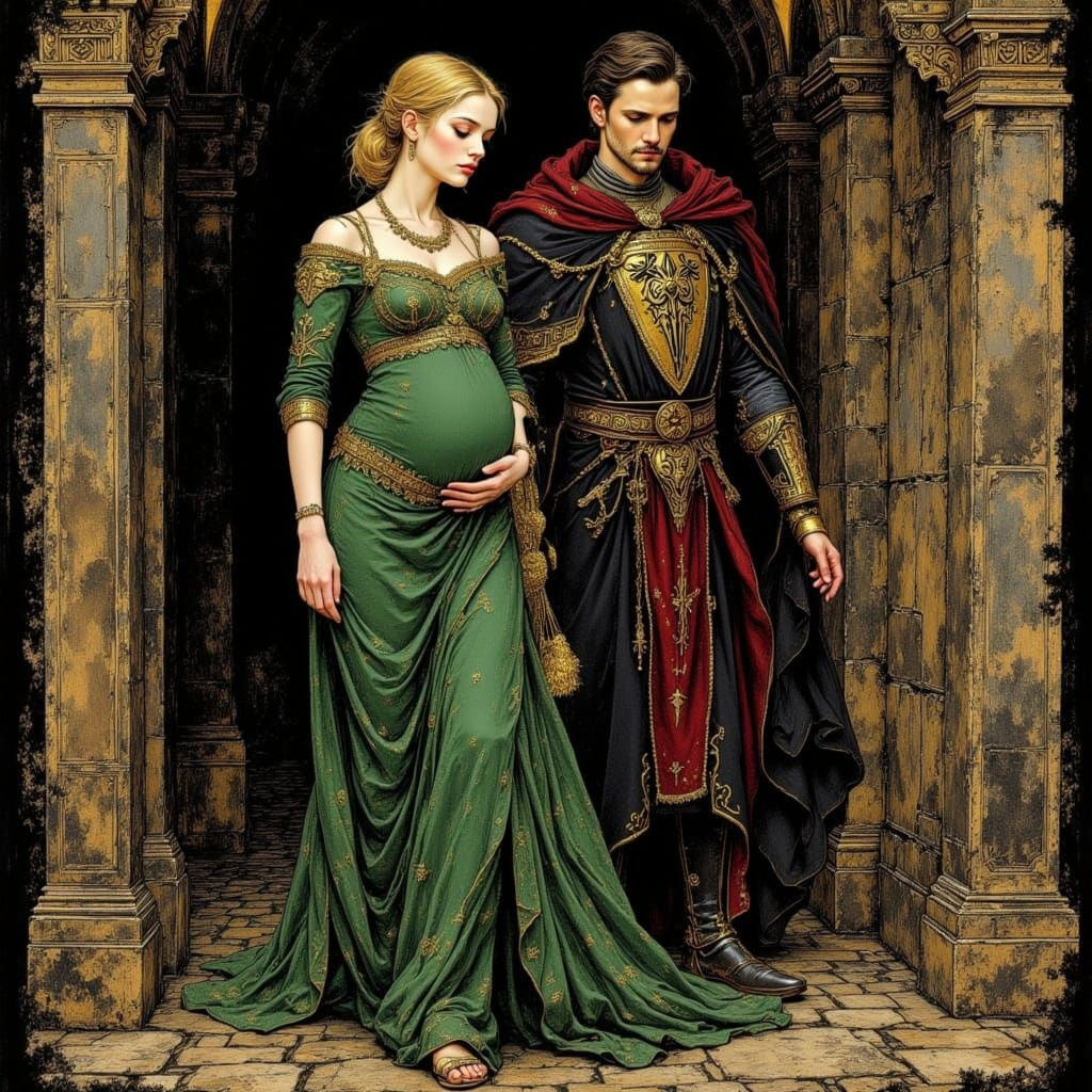 Pregnant Noblewoman and Lord in Elegant Hall, Ancient Tapest...