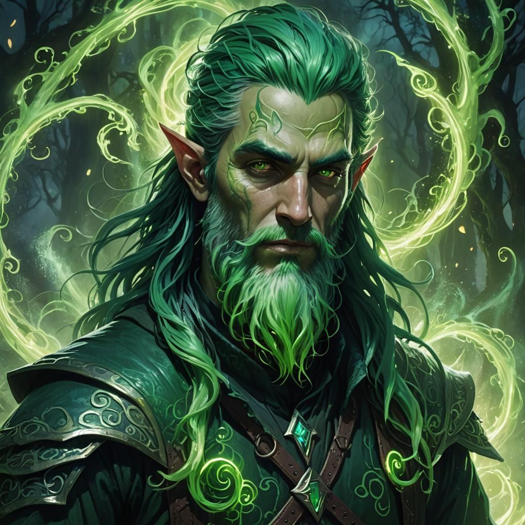 Half-Elf with Green Magic in Dark Fantasy Style