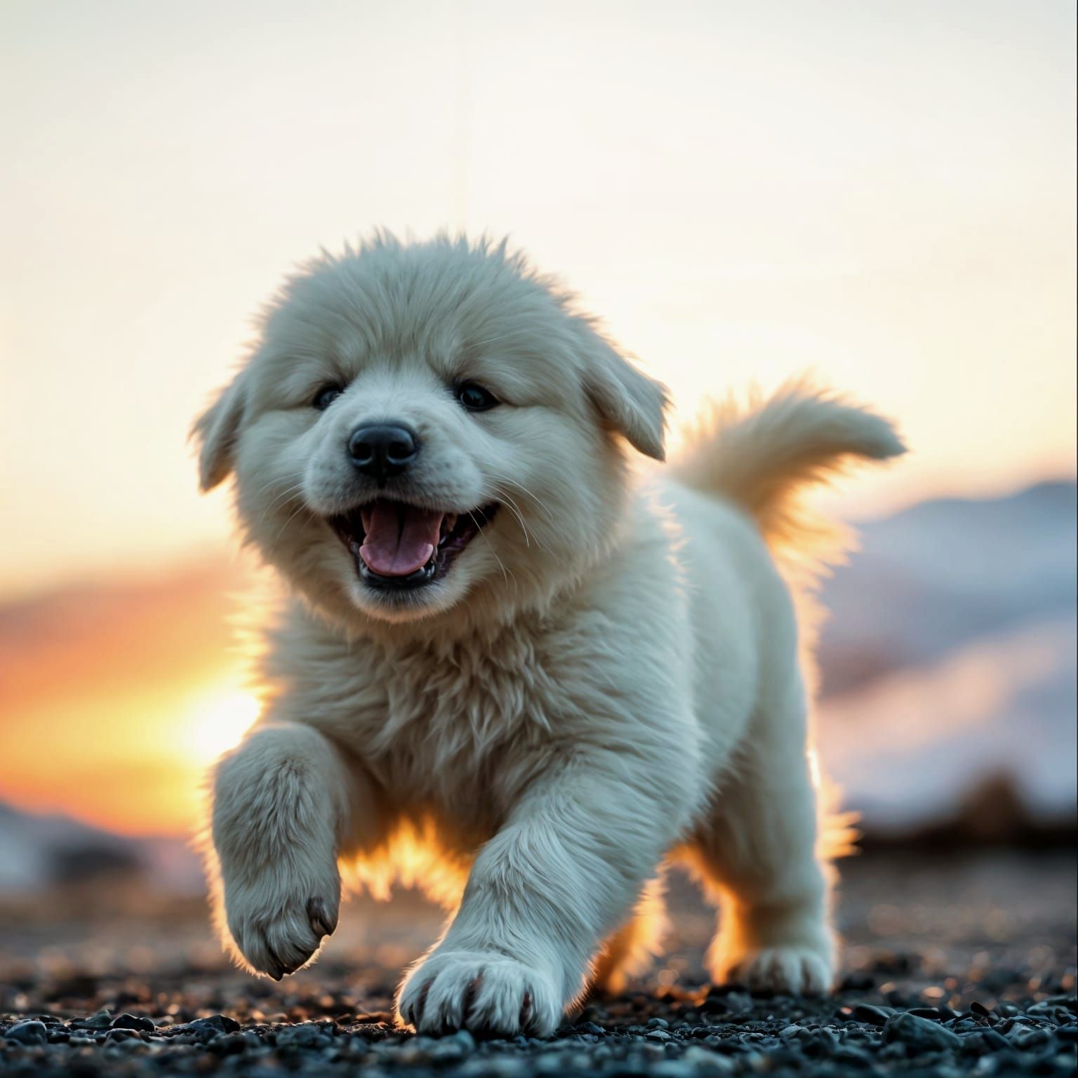 Energetic White Puppy Plays in Sunset Mountains