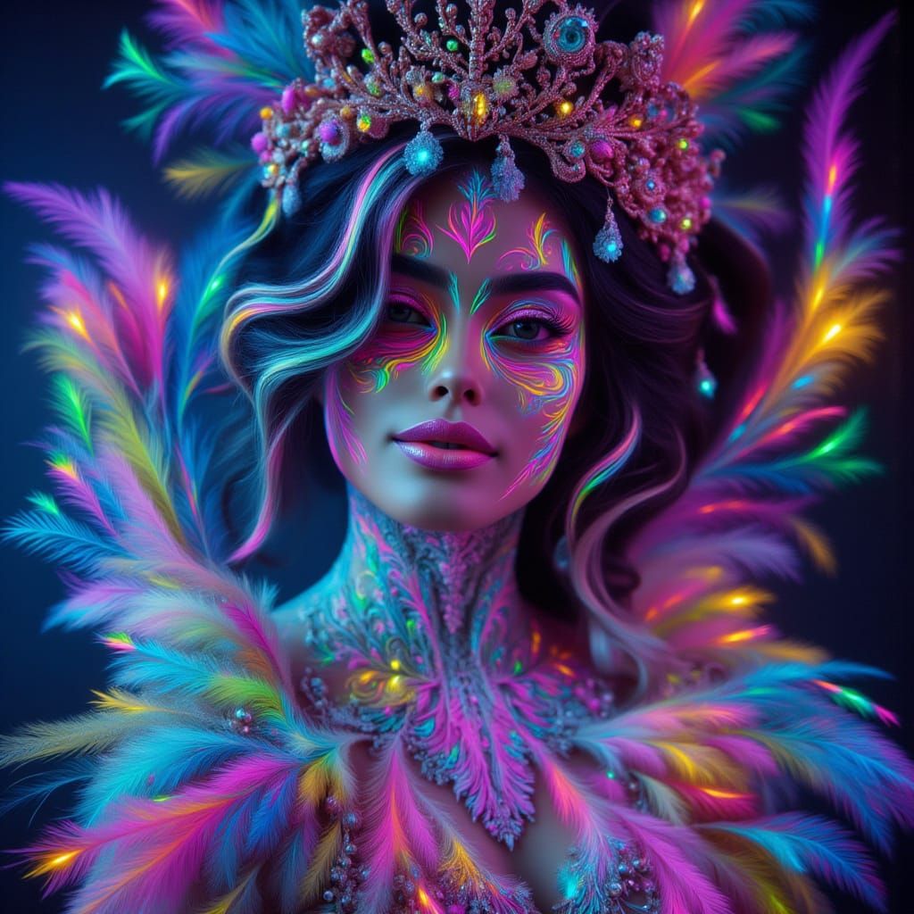 Surreal Victorian Woman Portrait with Neon Feathers