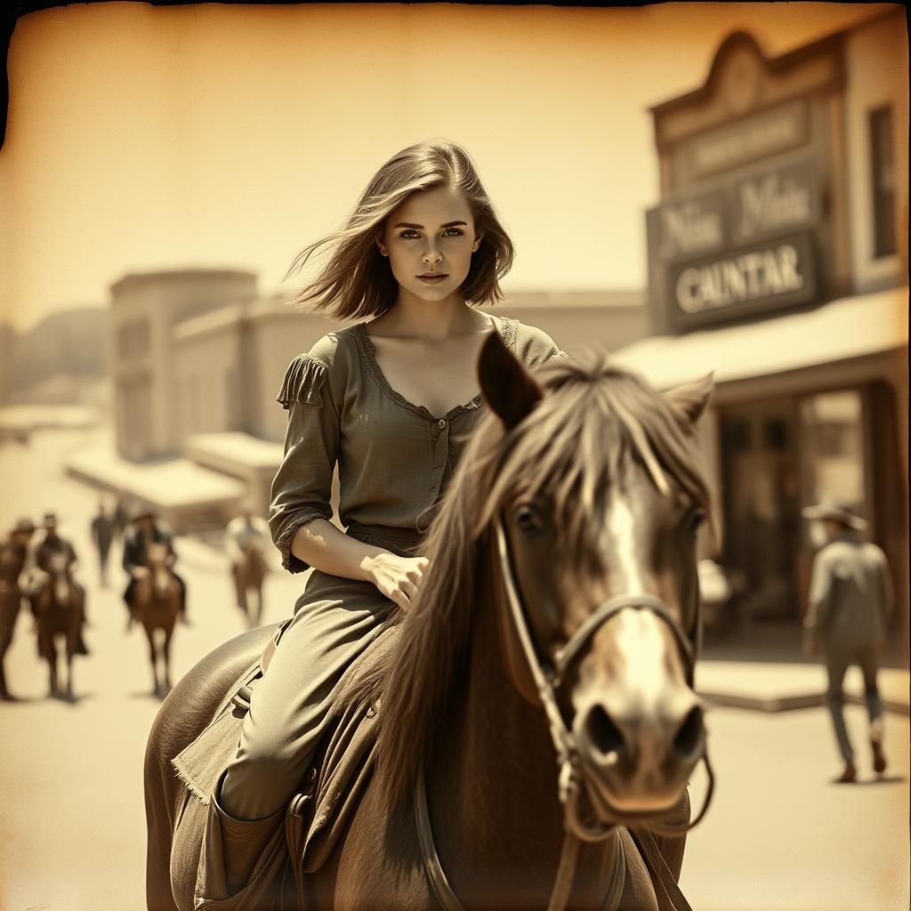 Girl on Horse in Frontier Town Vintage Photograph