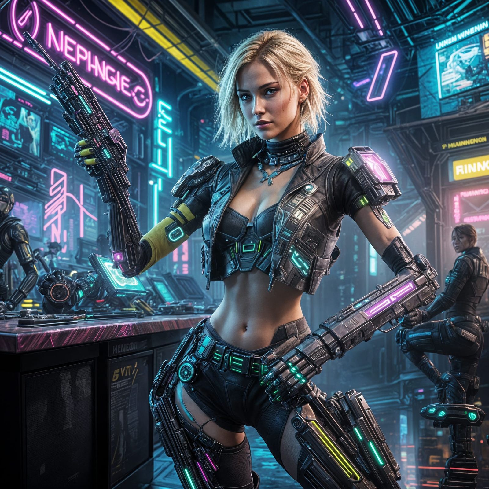 Cyberpunk Australian Woman in Robot Repair Shop