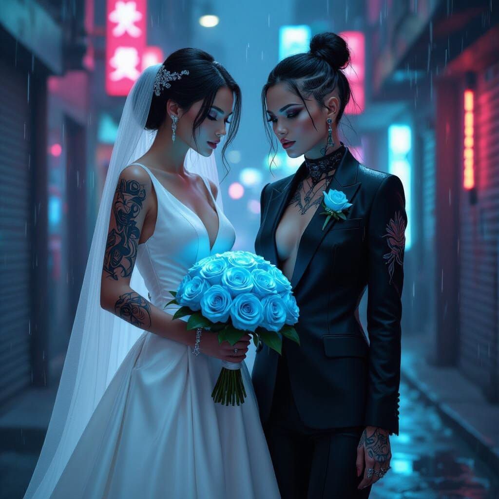 Cyberpunk Wedding: Ethereal Figures in Neon Alley