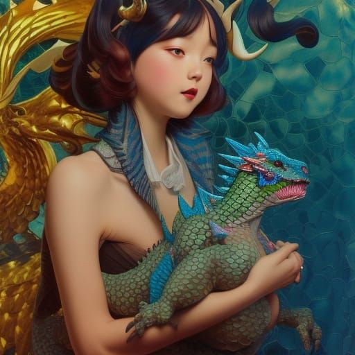 Harajuku Girl and Dragon Portrait in Leyendecker Style