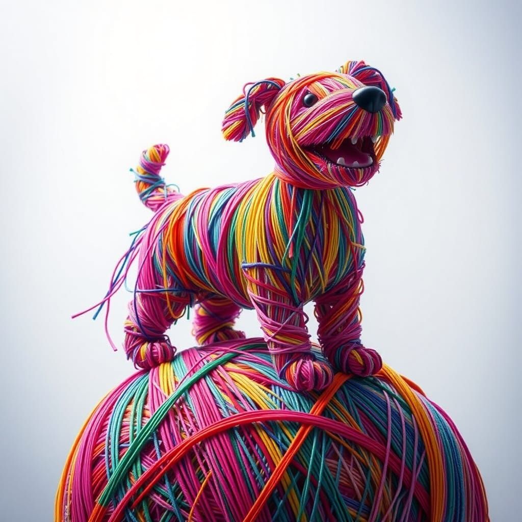 Colorful String Dog on Ball, Airbrush Fantasy Art