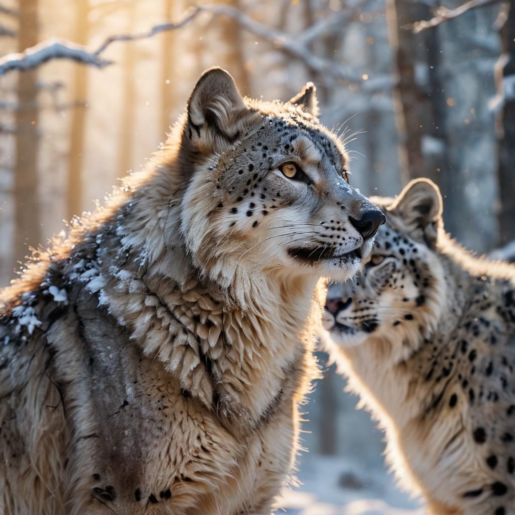 Wolf and Snow Leopard Hybrid in Snowy Forest