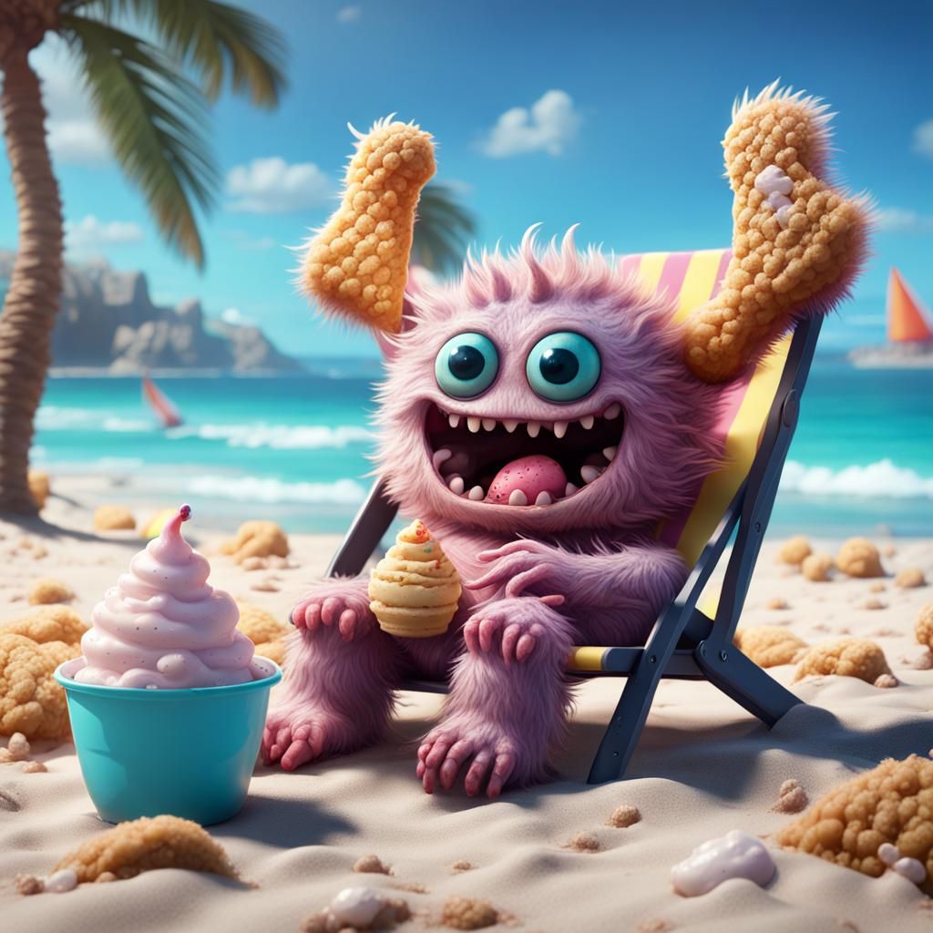 Cute Fuzzy Monster on Beach, Detailed Matte Painting