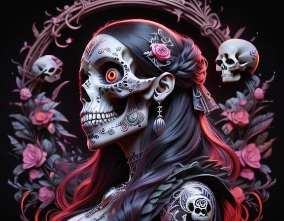 Beautiful Photorealistic Catrina Portrait in UV Blacklight