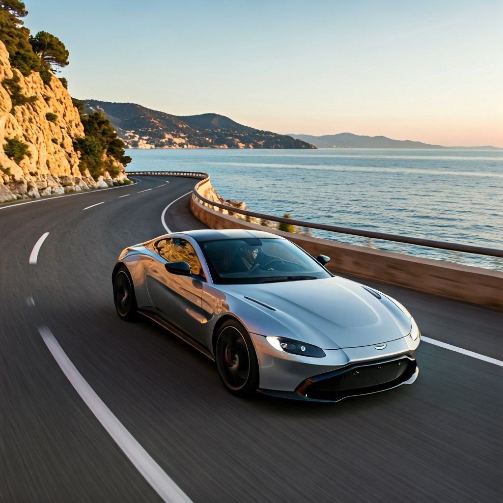 Silver Aston Martin on French Riviera Coastal Road