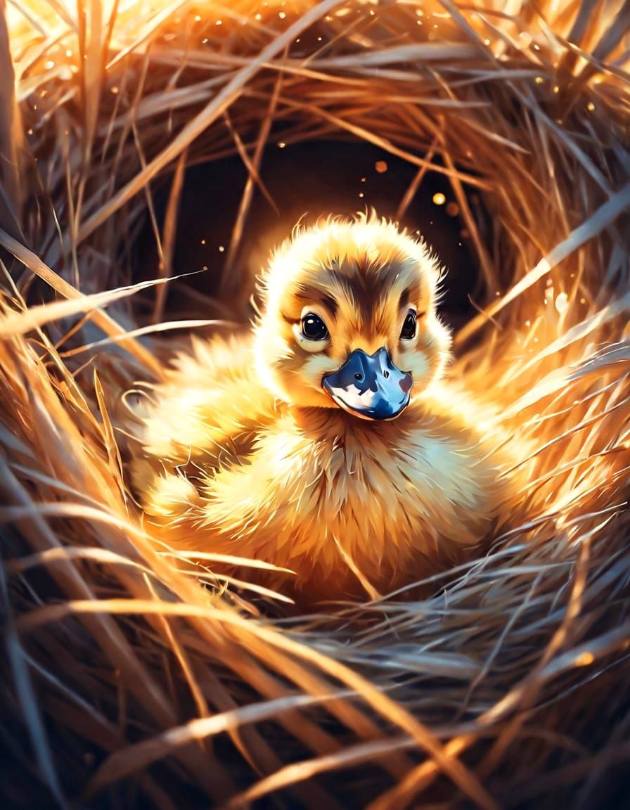 Adorable Fluffy Duckling in Golden Hour Glow