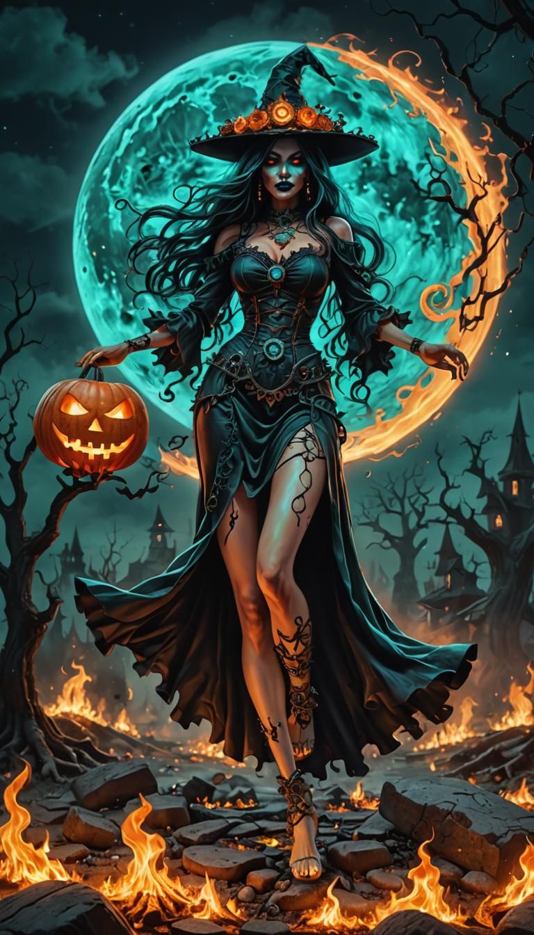 Epic Halloween Witch Dances Under Clockwork Moon