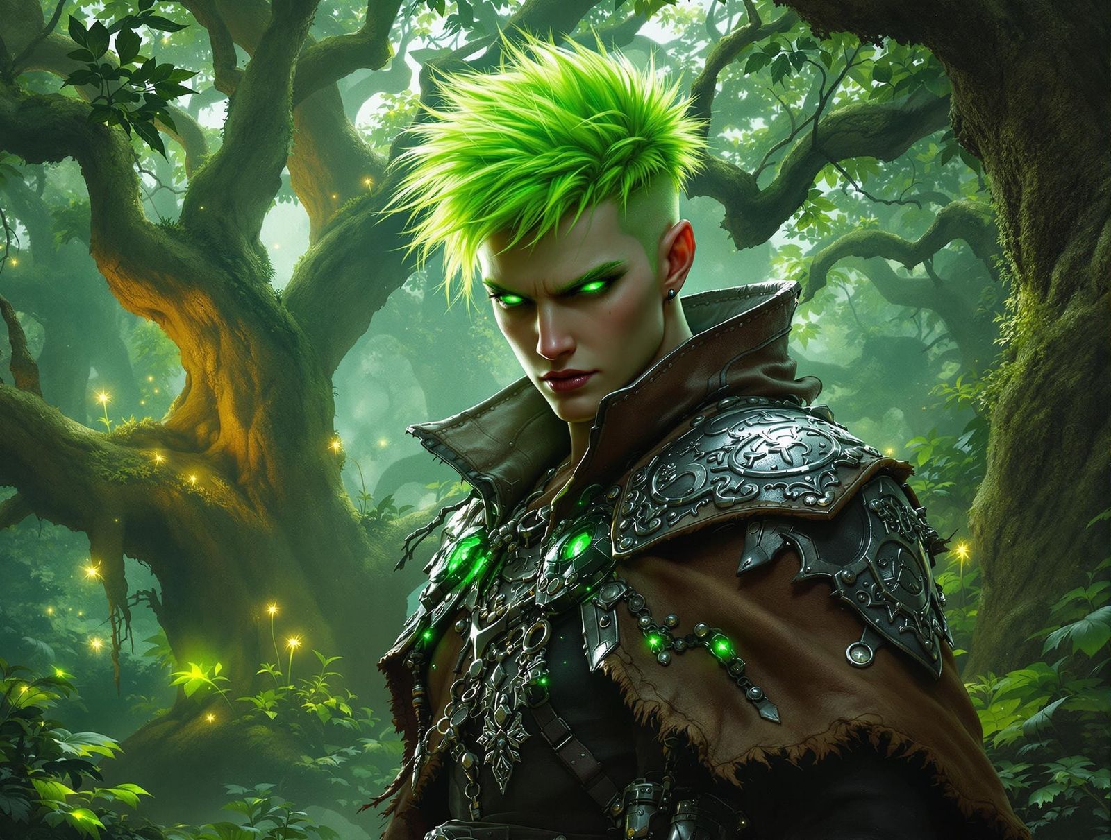 Dieselpunk Druid in Enchanted Forest, Dark Fantasy Style
