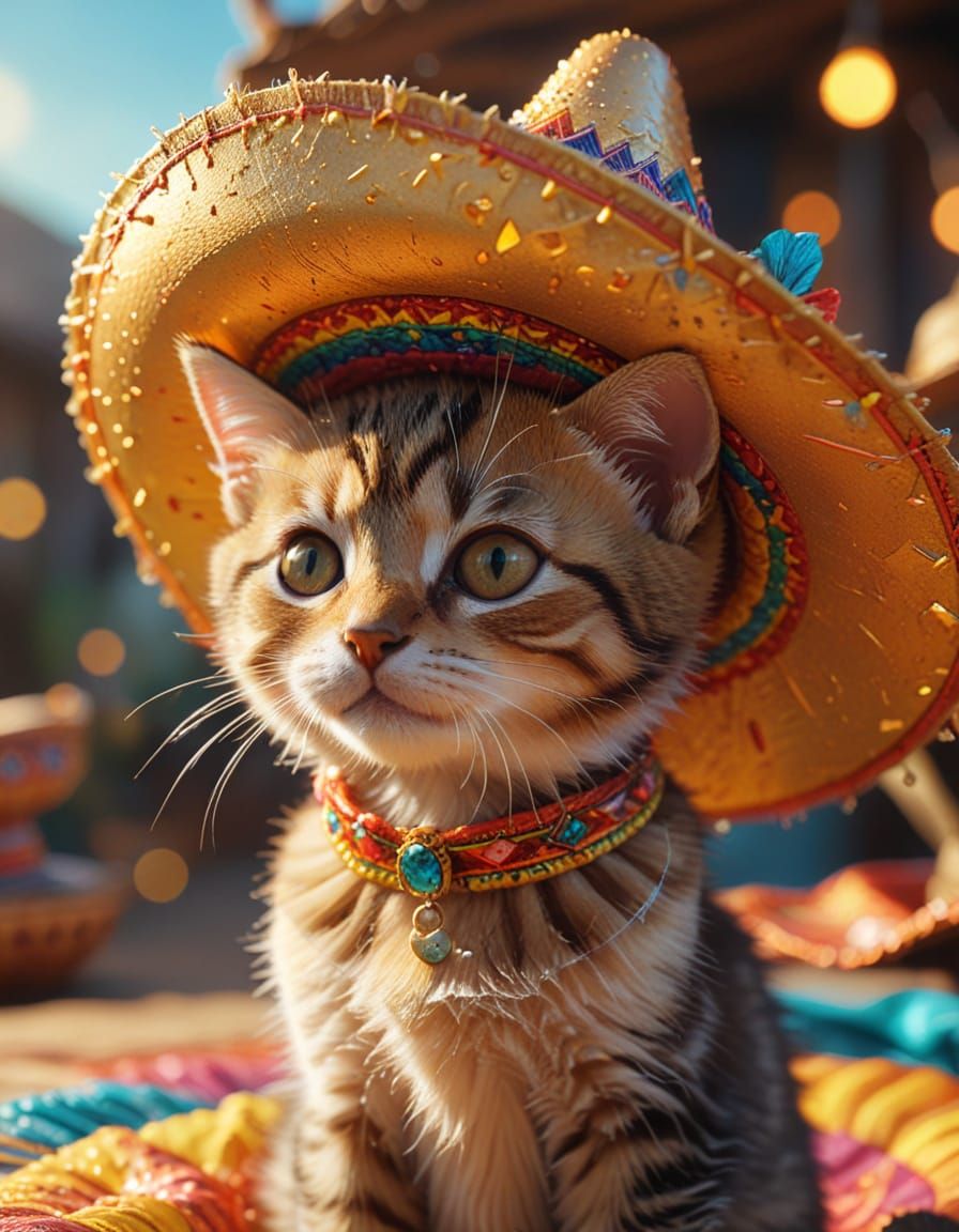 Kitten in Sombrero: Vibrant 3D Anime Art