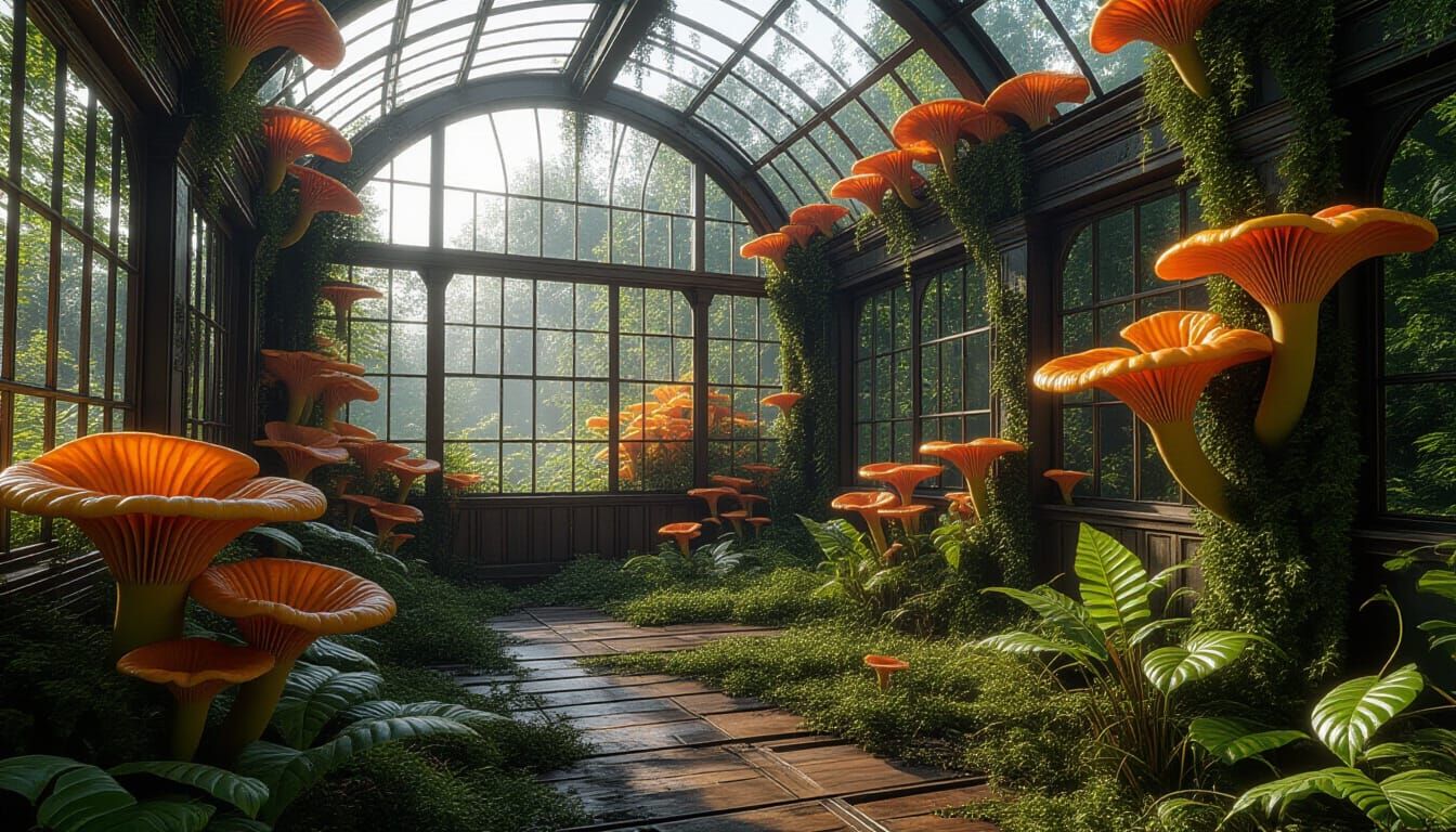 Overgrown Greenhouse with Cordyceps Mushrooms, Unreal Engine...