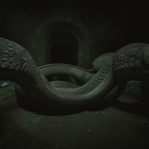 Menacing Snake Statues in Abandoned Dark Cave