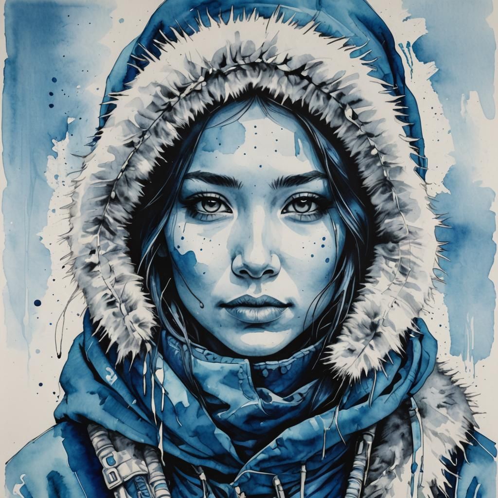 Eskimo Girl Portrait in Blue Fine Linear Ink