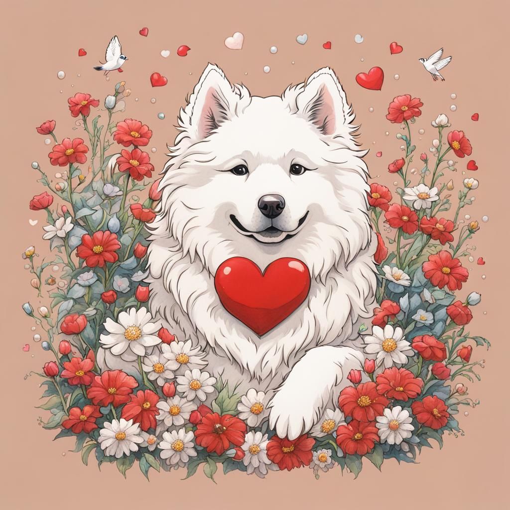 Charming Samoyed Surrounded by Flowers, Art of Kim Jung Gi