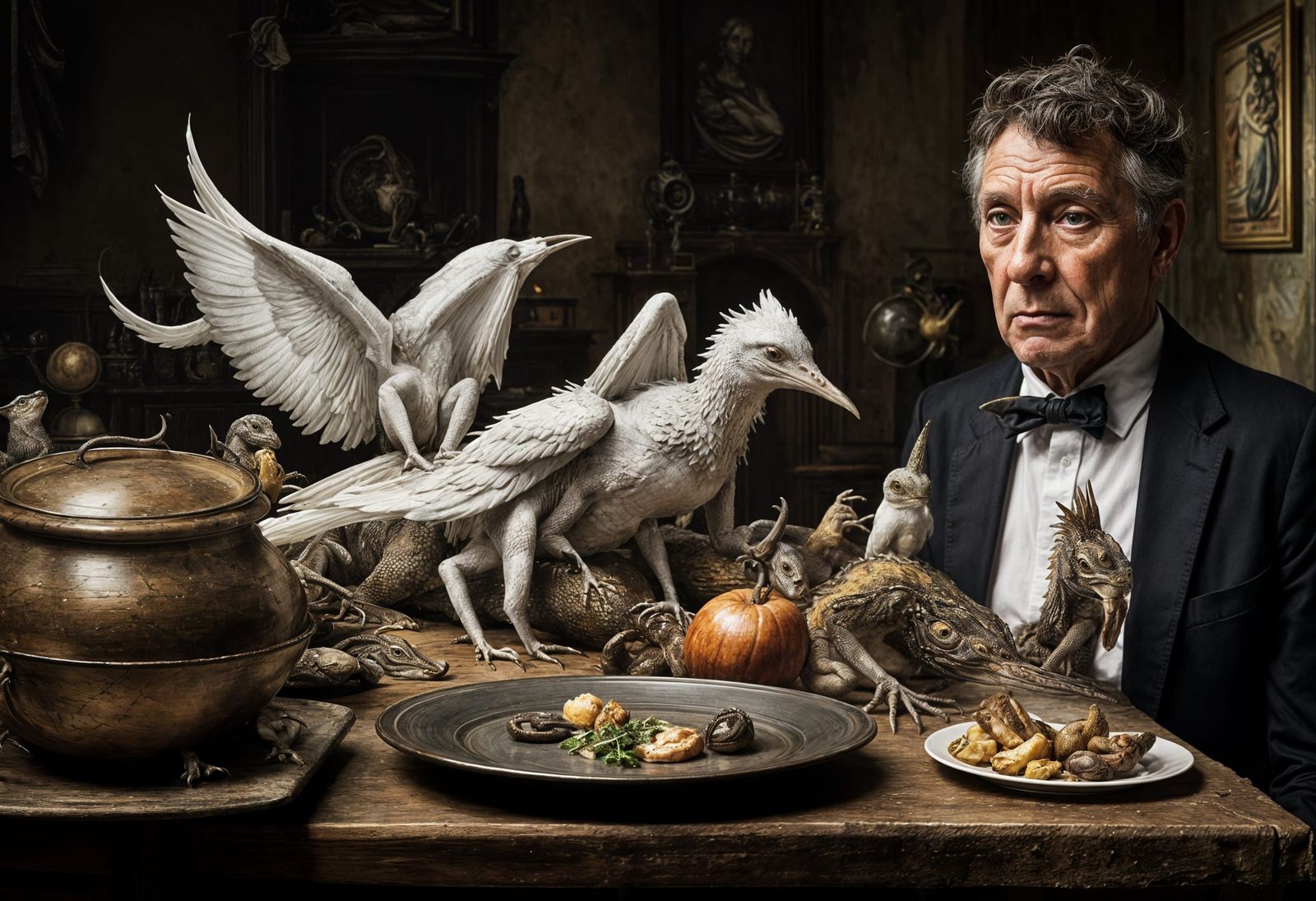 Surreal Restaurant with Bizarre Creatures, Detailed Painting