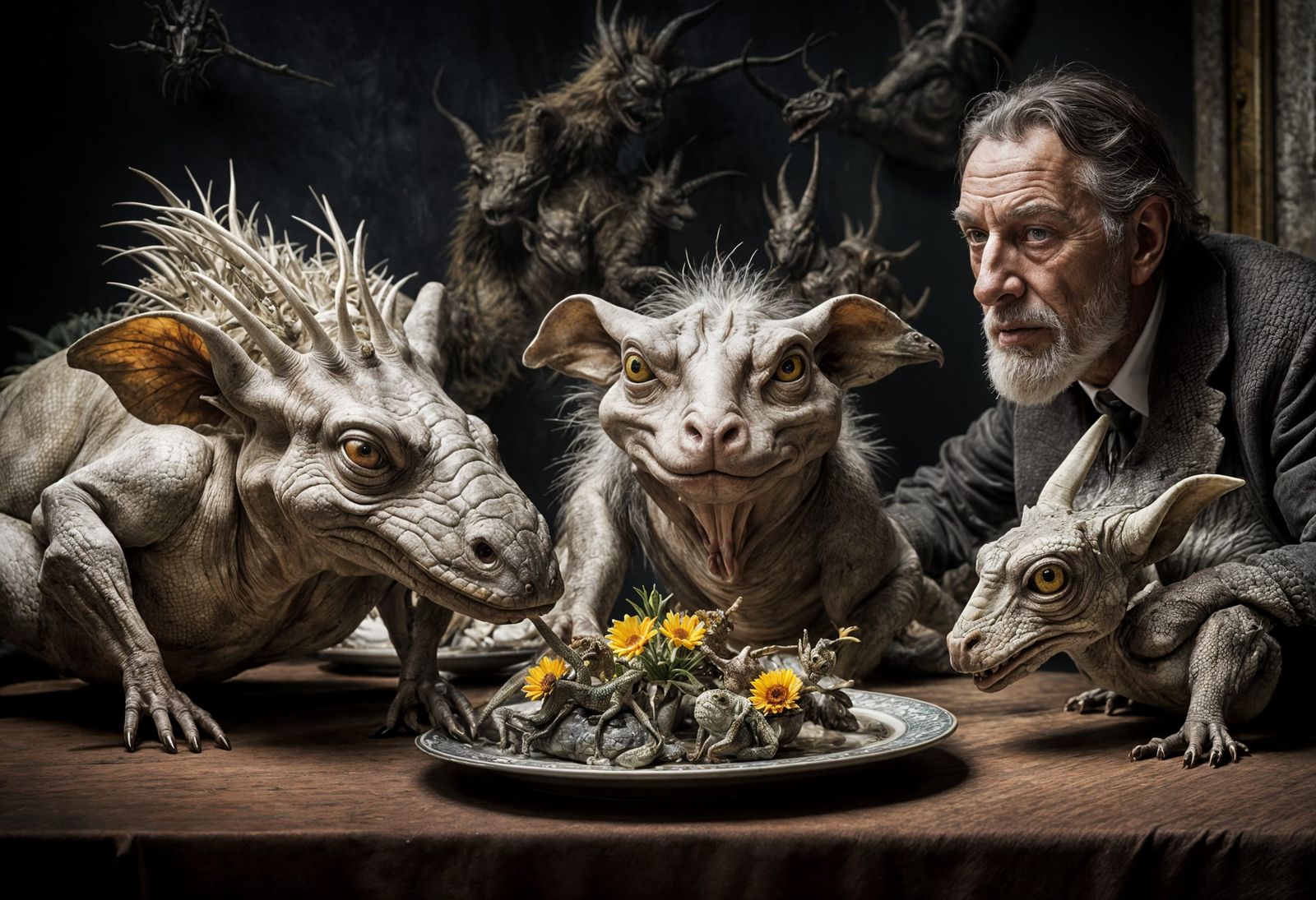 Surreal Restaurant with Bizarre Creatures, Celestial Art