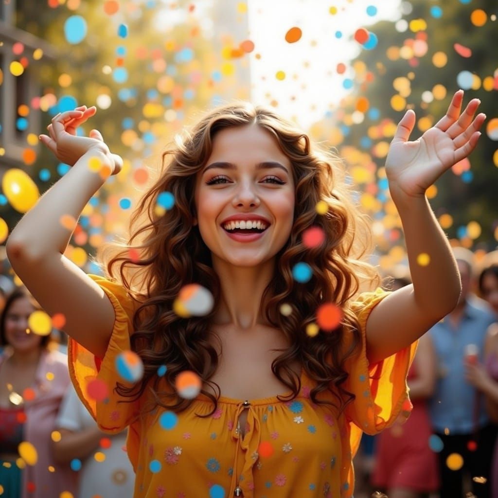 Joyful Woman in Confetti Shower