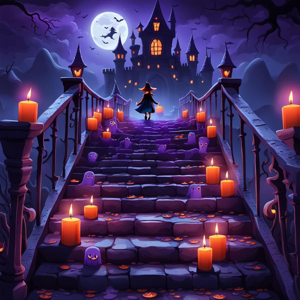 Cartoon Castle Staircase with Witch, Halloween Theme