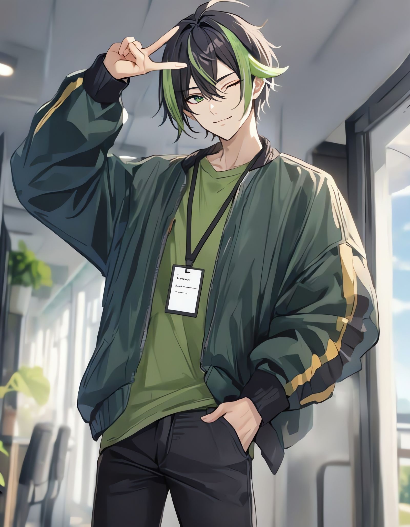 Anime Boy in Bomber Jacket with Green Eyes