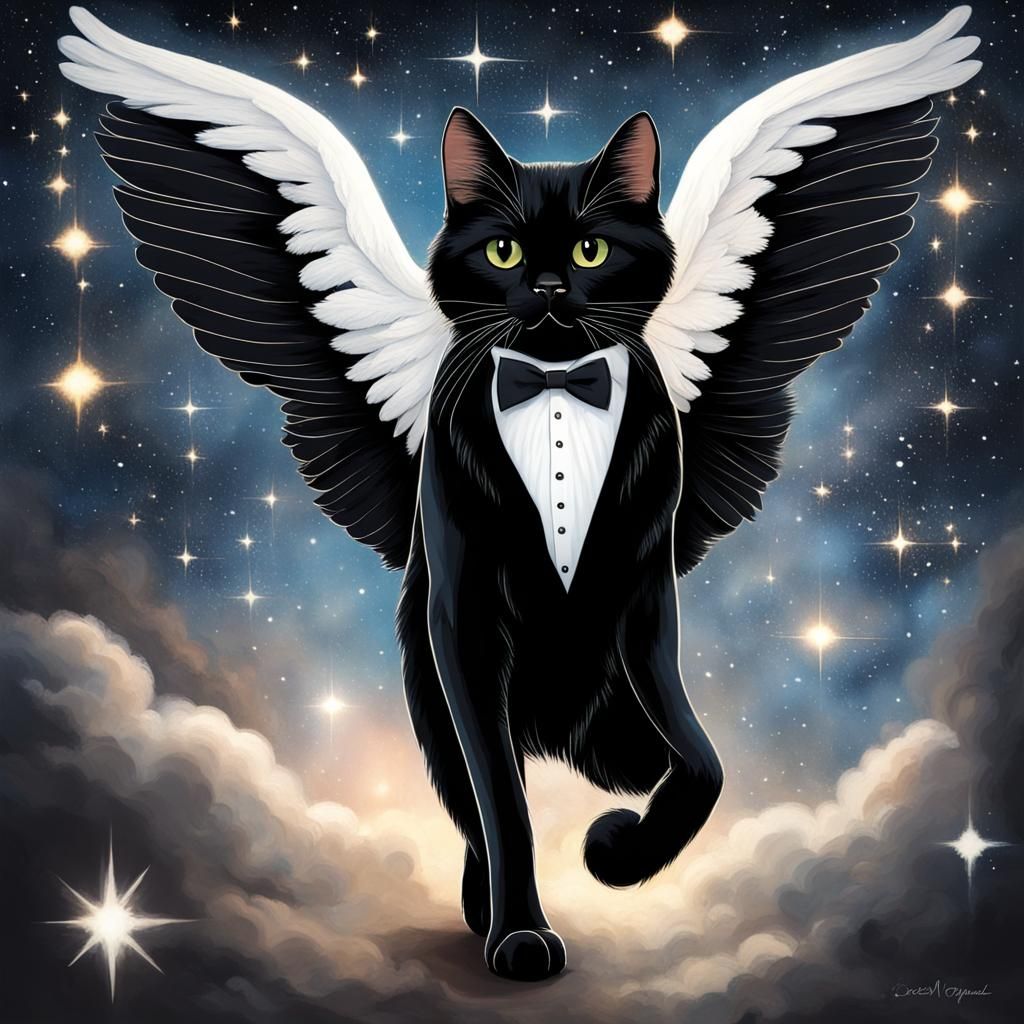 Celestial Tuxedo Cat with Angel Wings