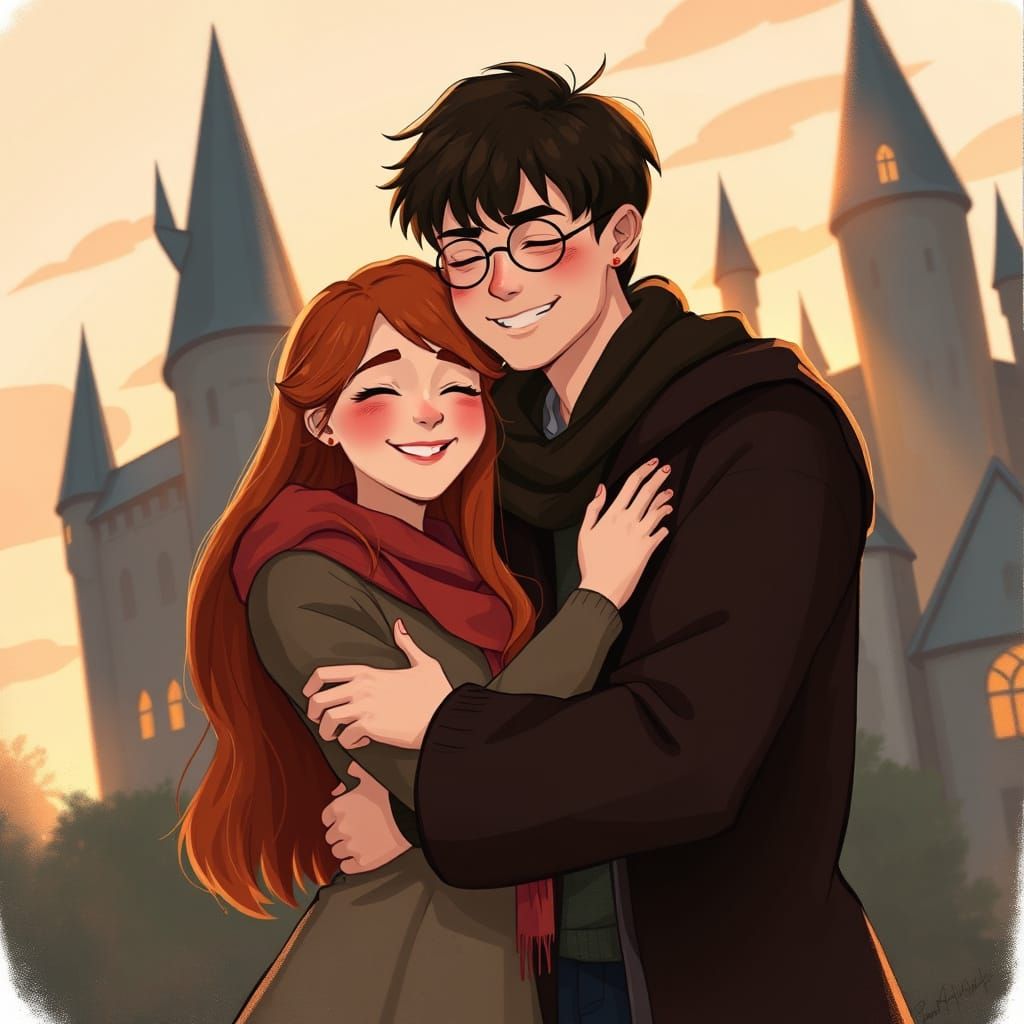 Harry and Ginny's Whimsical Hogwarts Sunset