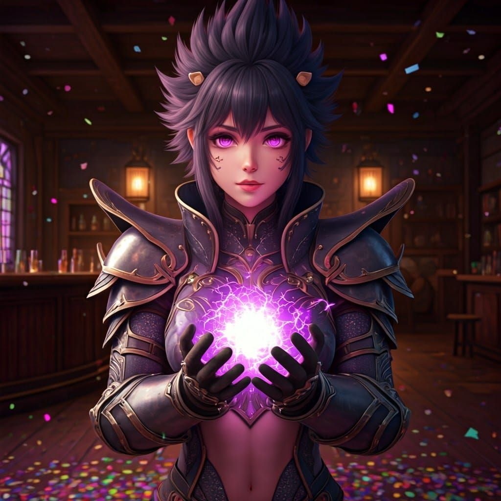 Anime Warrior Girl with Electric Orb in Synthwave Tavern