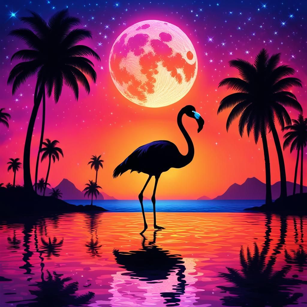Neon Sunset Flamingo Silhouette in 3D Style