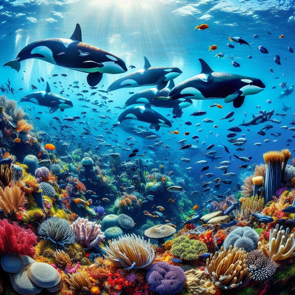 Orcas Swimming in a Vibrant Ocean Ecosystem