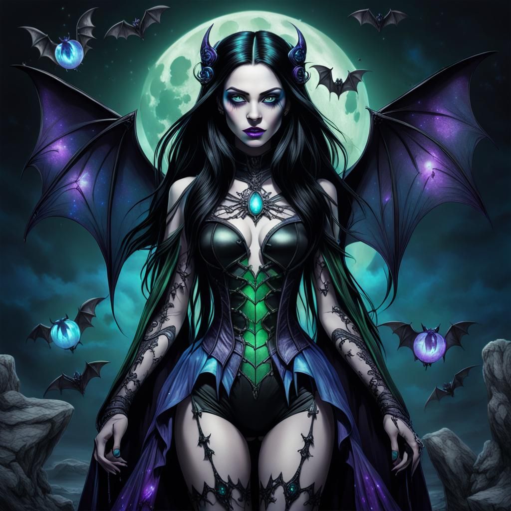 Gothic Vampire Girl with Bioluminescent Bats in Hyper-Realis...