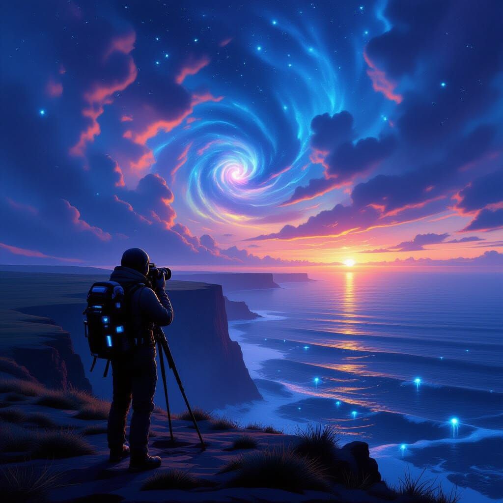 Photographer on Alien Cliff Under Nebula Sky