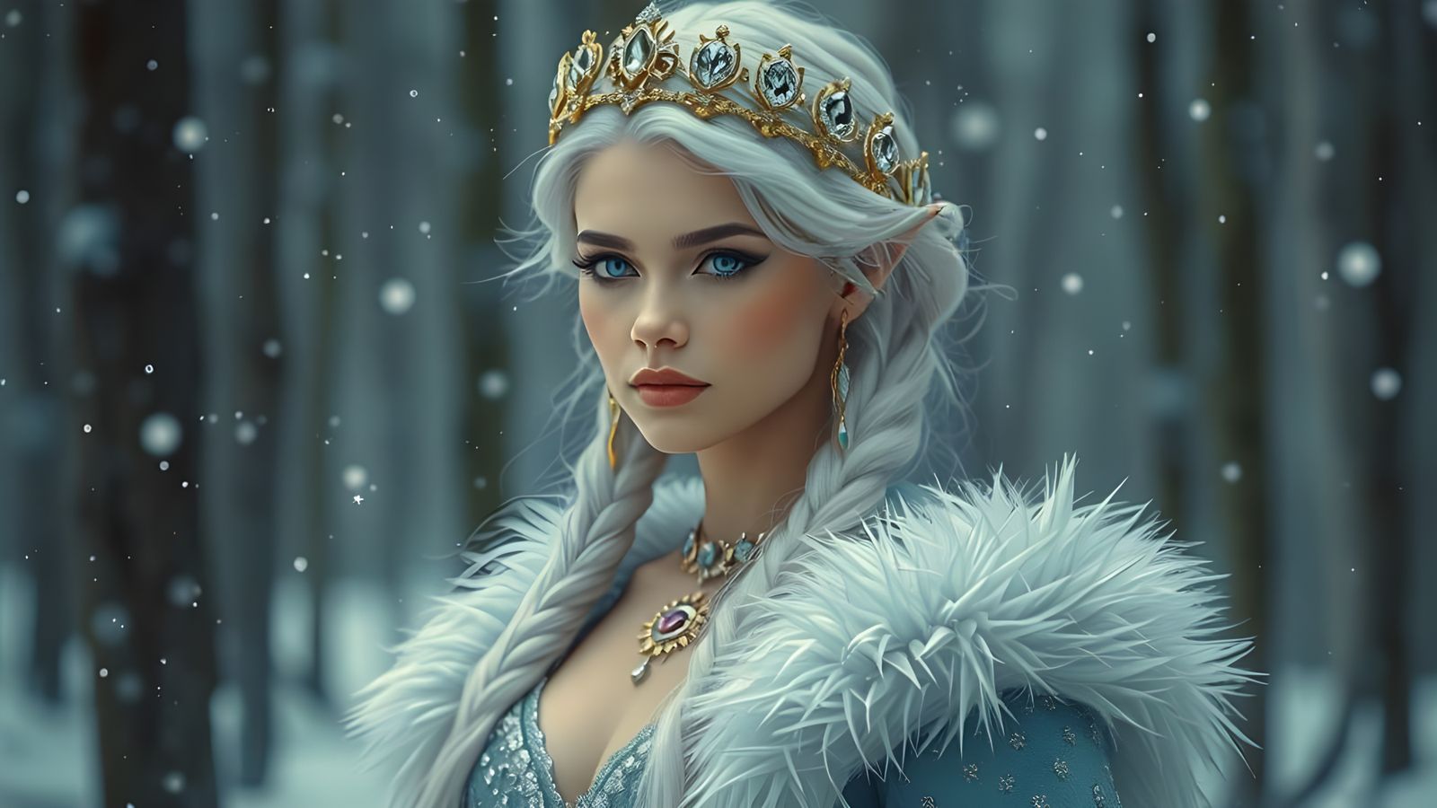 Elegant Silver-Haired Elf Princess in Winter Forest
