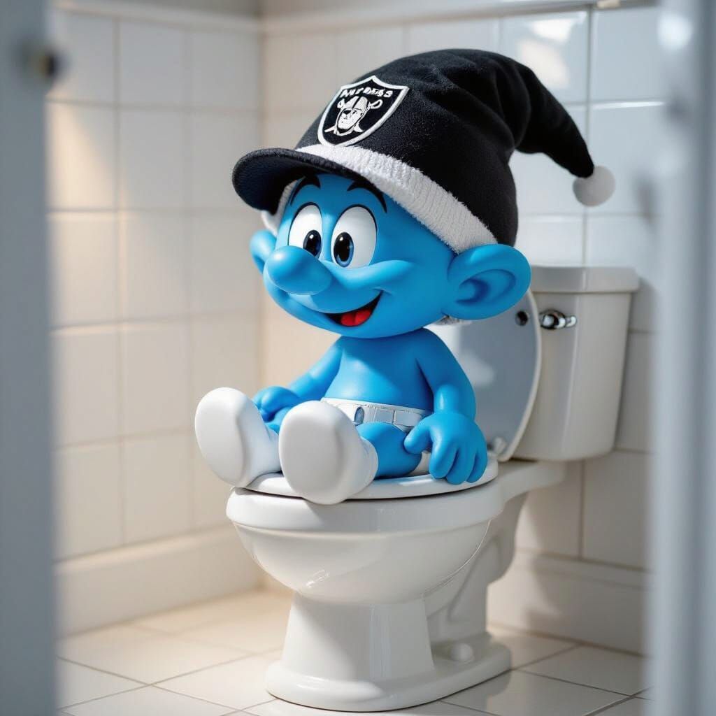 Cute Smurf in Raiders Hat on Toilet, Cartoon Style