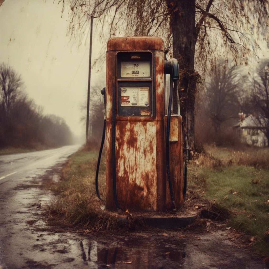 Rusting 1950s Petrol Pump with Petrol Splash