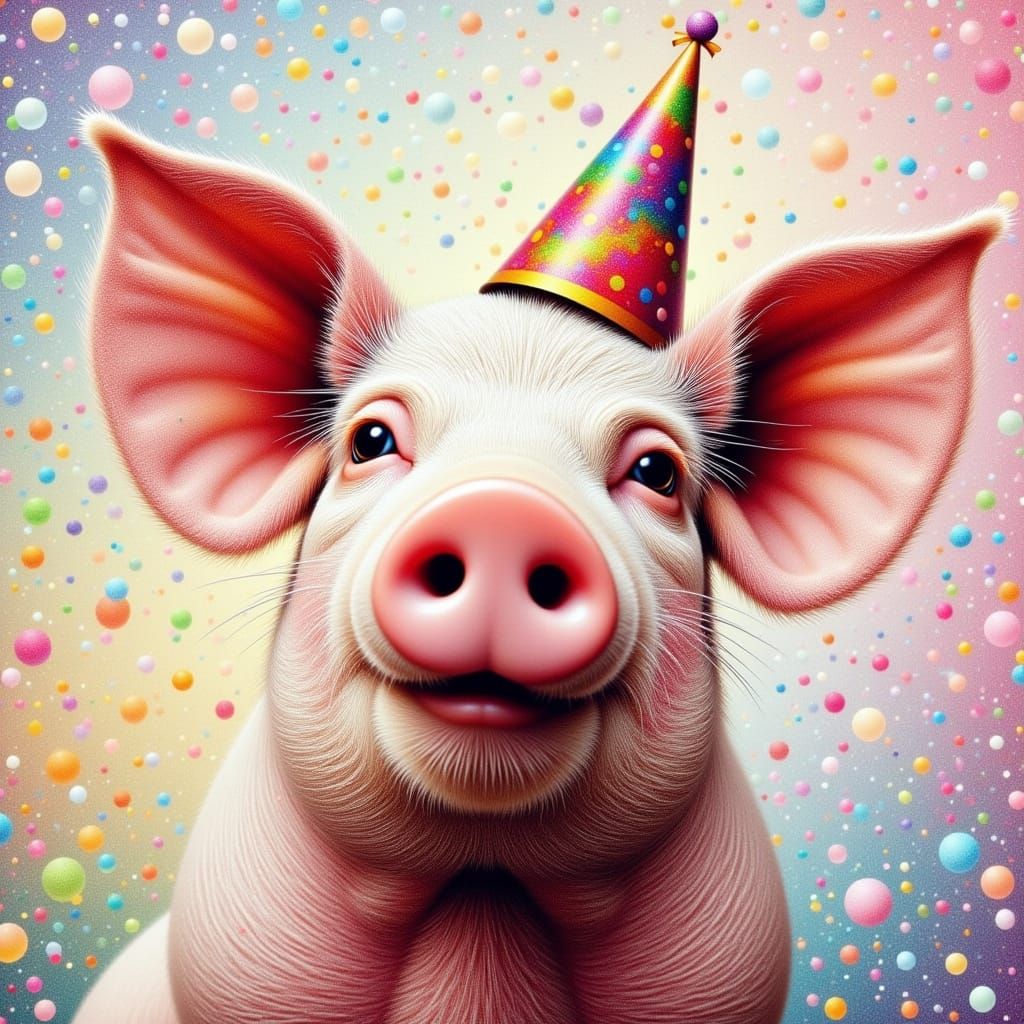 Pointillist Pig in Party Hat