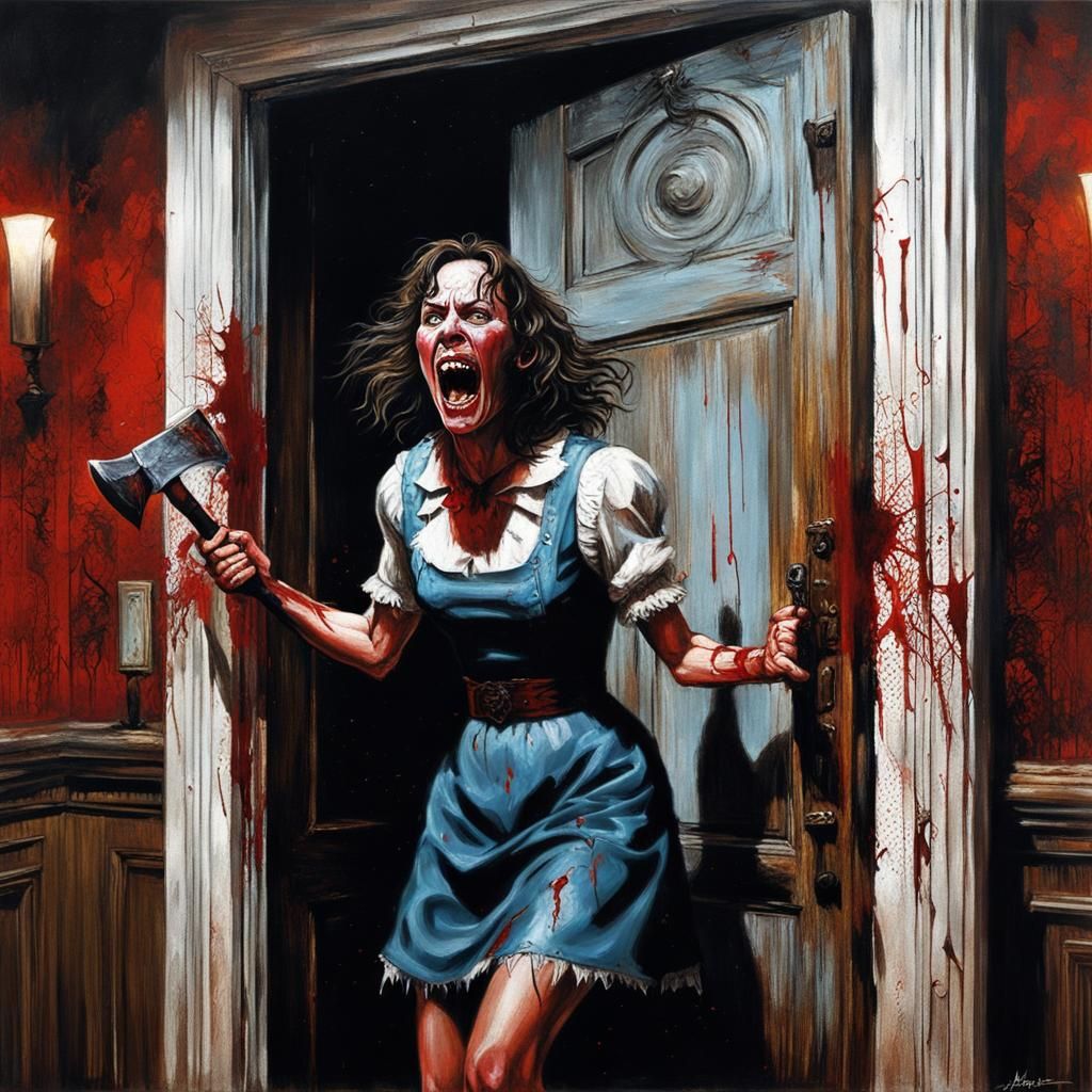Screaming Woman and Axe Door in Horror Art Style