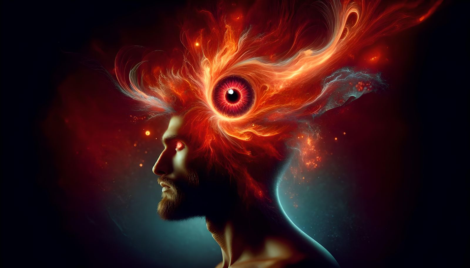 Red Eye of Deceit Pierces a Masculine Face