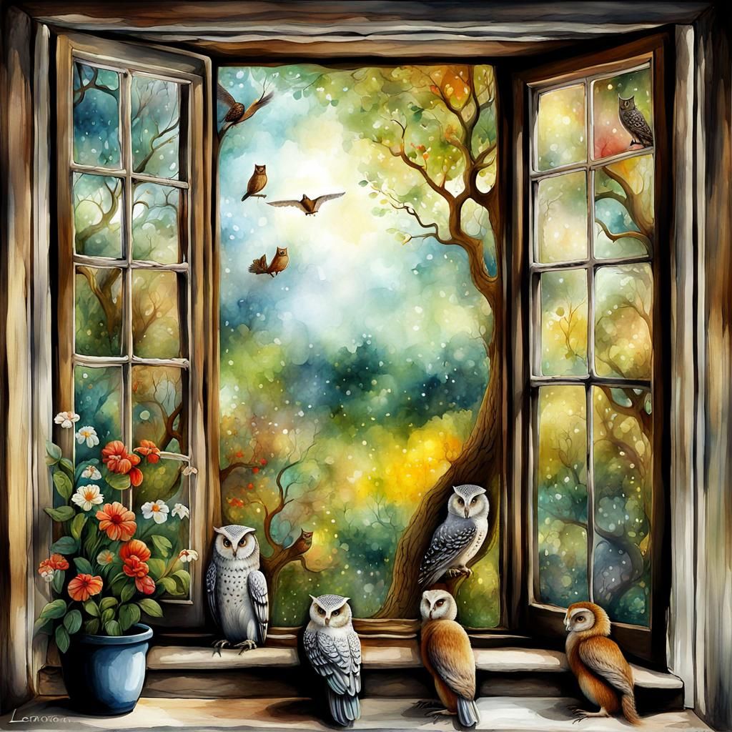 Secret Garden Window: Owls in Magical Realism